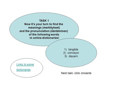 TASK 1 Now it’s your turn to find the meanings (merkitykset) and the pronunciation (ääntäminen) of the following words in online dictionaries! 1)tangible.