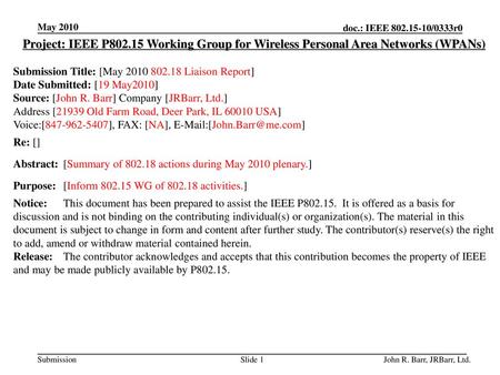 May 2010 doc.: IEEE 802.15-10/0333r0 May 2010 Project: IEEE P802.15 Working Group for Wireless Personal Area Networks (WPANs) Submission Title: [May 2010.