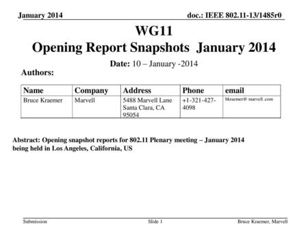 WG11 Opening Report Snapshots January 2014