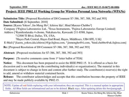 September, 2010 Project: IEEE P802.15 Working Group for Wireless Personal Area Networks (WPANs) Submission Title: [Proposed Resolution of D0 Comment S7-386,