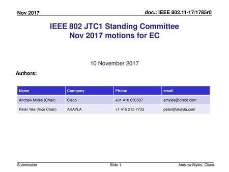 IEEE 802 JTC1 Standing Committee Nov 2017 motions for EC