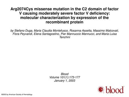 Arg2074Cys missense mutation in the C2 domain of factor V causing moderately severe factor V deficiency: molecular characterization by expression of the.