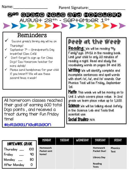 2nd Grade News and Homework August 28th – September 1st