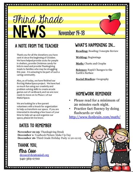 news Third Grade November Mrs. Cose What’s Happening in...