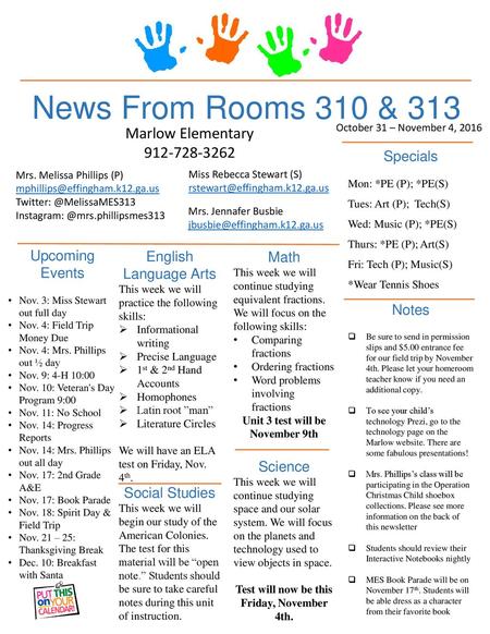 News From Rooms 310 & 313 Marlow Elementary Specials