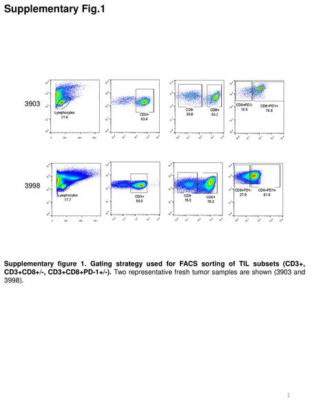 Supplementary figure 1. Gating strategy used for FACS sorting of TIL subsets (CD3+, CD3+CD8+/-, CD3+CD8+PD-1+/-). Two representative fresh tumor samples.