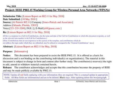 January 2018 doc.: IEEE 802.15-18-0242-00-0000 May 2018 Project: IEEE P802.15 Working Group for Wireless Personal Area Networks (WPANs) Submission Title: