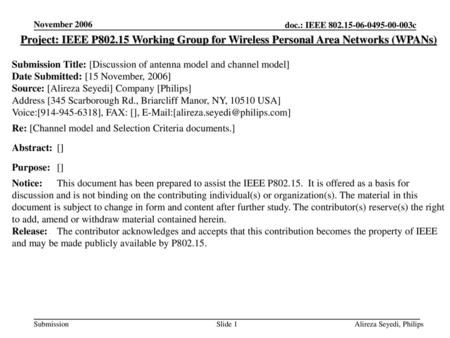 November 2006 Project: IEEE P802.15 Working Group for Wireless Personal Area Networks (WPANs) Submission Title: [Discussion of antenna model and channel.