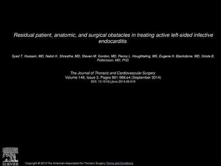 Residual patient, anatomic, and surgical obstacles in treating active left-sided infective endocarditis  Syed T. Hussain, MD, Nabin K. Shrestha, MD, Steven.