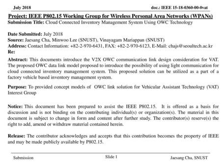 March 2017 Project: IEEE P802.15 Working Group for Wireless Personal Area Networks (WPANs) Submission Title: Cloud Connected Inventory Management System.