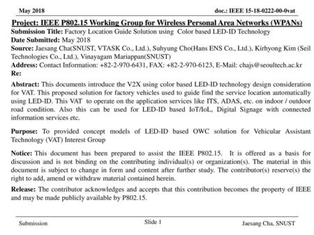 March 2017 Project: IEEE P802.15 Working Group for Wireless Personal Area Networks (WPANs) Submission Title: Factory Location Guide Solution using Color.