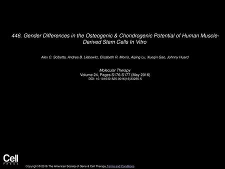 446. Gender Differences in the Osteogenic & Chondrogenic Potential of Human Muscle- Derived Stem Cells In Vitro  Alex C. Scibetta, Andrea B. Liebowitz,