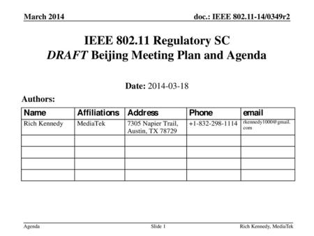 IEEE Regulatory SC DRAFT Beijing Meeting Plan and Agenda