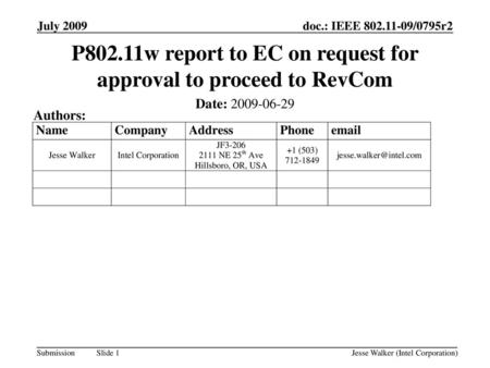P802.11w report to EC on request for approval to proceed to RevCom