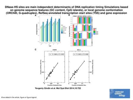 DNase‐HS sites are main independent determinants of DNA replication timing Simulations based on genome sequence features (GC content, CpG islands), or.