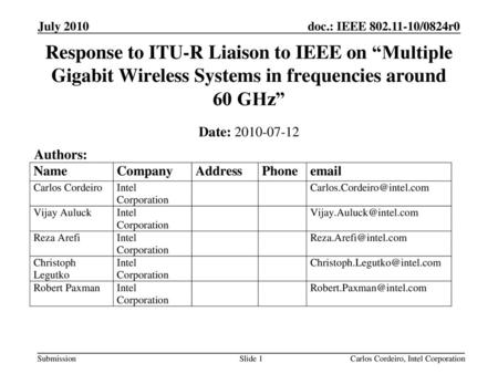 April 2007 doc.: IEEE 802.11-07/0570r0 July 2010 Response to ITU-R Liaison to IEEE on “Multiple Gigabit Wireless Systems in frequencies around 60 GHz”