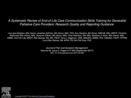 A Systematic Review of End-of-Life Care Communication Skills Training for Generalist Palliative Care Providers: Research Quality and Reporting Guidance 