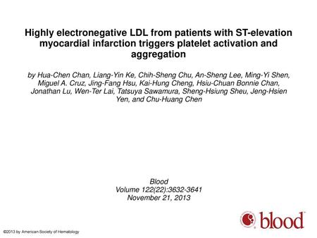 Highly electronegative LDL from patients with ST-elevation myocardial infarction triggers platelet activation and aggregation by Hua-Chen Chan, Liang-Yin.