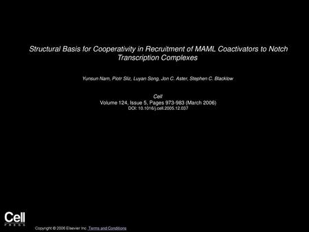 Structural Basis for Cooperativity in Recruitment of MAML Coactivators to Notch Transcription Complexes  Yunsun Nam, Piotr Sliz, Luyan Song, Jon C. Aster,