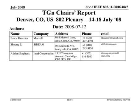 TGn Chairs’ Report Denver, CO, US 802 Plenary – July ‘08