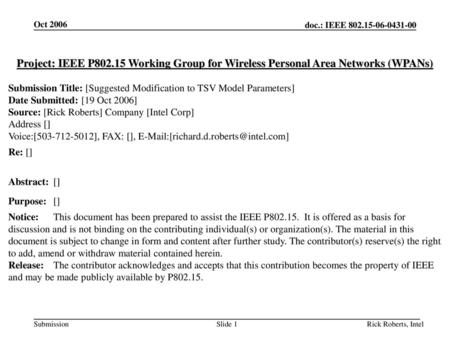 Oct 2006 Project: IEEE P802.15 Working Group for Wireless Personal Area Networks (WPANs) Submission Title: [Suggested Modification to TSV Model Parameters]