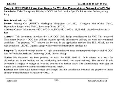 March 2017 Project: IEEE P802.15 Working Group for Wireless Personal Area Networks (WPANs) Submission Title: Transparent Display – OCC Link for Location.