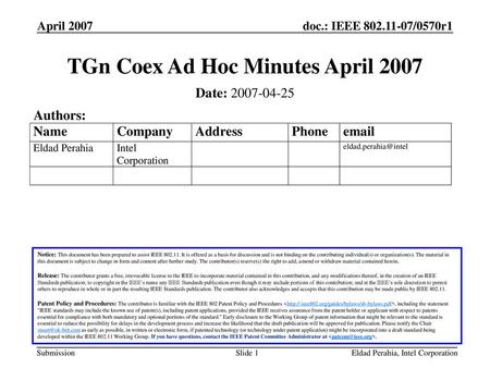 TGn Coex Ad Hoc Minutes April 2007