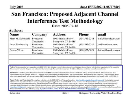 San Francisco: Proposed Adjacent Channel Interference Test Methodology