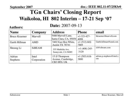 TGn Chairs’ Closing Report Waikoloa, HI 802 Interim – Sep ‘07