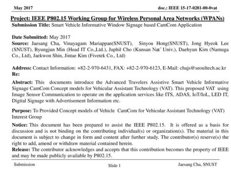 March 2017 Project: IEEE P802.15 Working Group for Wireless Personal Area Networks (WPANs) Submission Title: Smart Vehicle Informative Window Signage based.