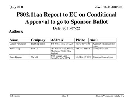 P802.11aa Report to EC on Conditional Approval to go to Sponsor Ballot