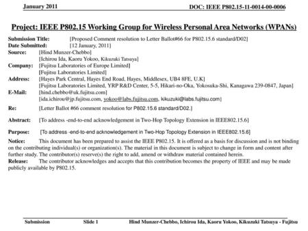 January 2011 Project: IEEE P802.15 Working Group for Wireless Personal Area Networks (WPANs) Submission Title:	[Proposed Comment resolution to Letter Ballot#66.
