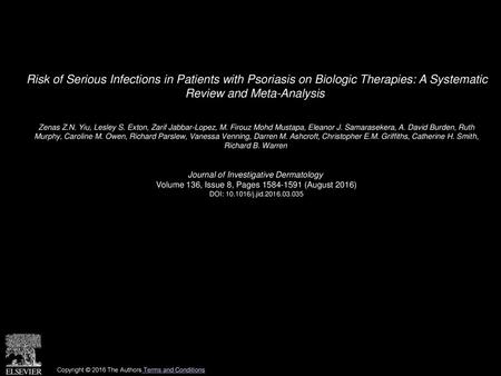 Risk of Serious Infections in Patients with Psoriasis on Biologic Therapies: A Systematic Review and Meta-Analysis  Zenas Z.N. Yiu, Lesley S. Exton, Zarif.