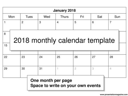 2018 monthly calendar template