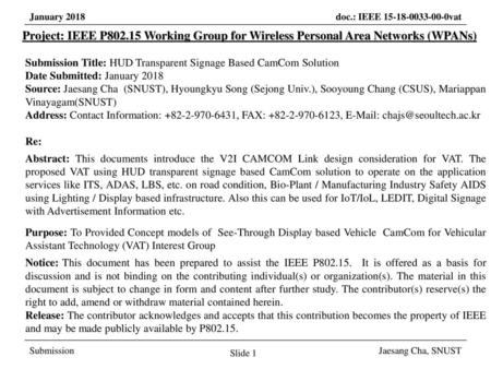 March 2017 Project: IEEE P802.15 Working Group for Wireless Personal Area Networks (WPANs) Submission Title: HUD Transparent Signage Based CamCom Solution.