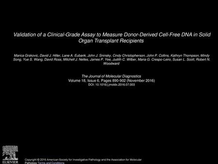 Validation of a Clinical-Grade Assay to Measure Donor-Derived Cell-Free DNA in Solid Organ Transplant Recipients  Marica Grskovic, David J. Hiller, Lane.
