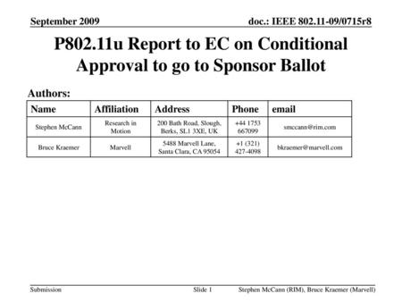 P802.11u Report to EC on Conditional Approval to go to Sponsor Ballot