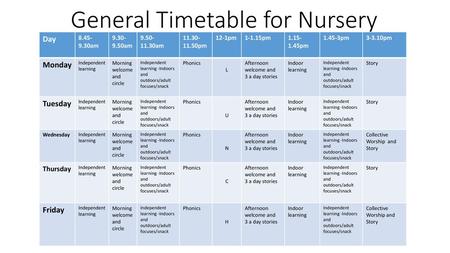 General Timetable for Nursery