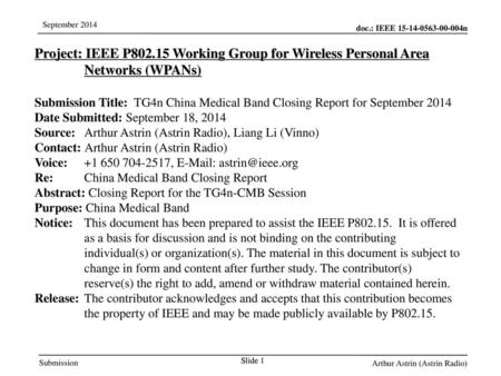 Jul 12, 2010 07/12/10 Project: IEEE P802.15 Working Group for Wireless Personal Area Networks (WPANs) Submission Title: TG4n China Medical Band Closing.
