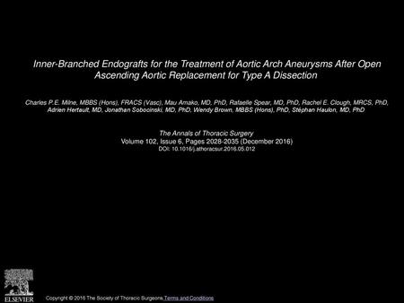 Inner-Branched Endografts for the Treatment of Aortic Arch Aneurysms After Open Ascending Aortic Replacement for Type A Dissection  Charles P.E. Milne,