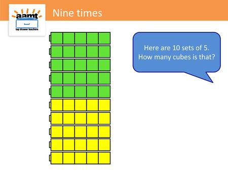 Nine times Here are 10 sets of 5. How many cubes is that?