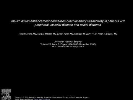 Insulin action enhancement normalizes brachial artery vasoactivity in patients with peripheral vascular disease and occult diabetes  Ricardo Avena, MD,