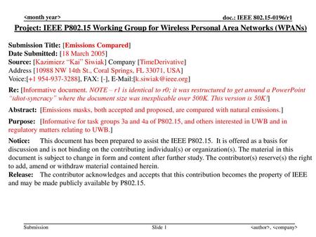  Project: IEEE P802.15 Working Group for Wireless Personal Area Networks (WPANs) Submission Title: [Emissions Compared] Date Submitted: [18.
