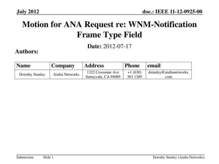 Motion for ANA Request re: WNM-Notification Frame Type Field