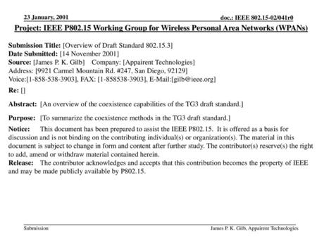 23 January, 2001 Project: IEEE P802.15 Working Group for Wireless Personal Area Networks (WPANs) Submission Title: [Overview of Draft Standard 802.15.3]