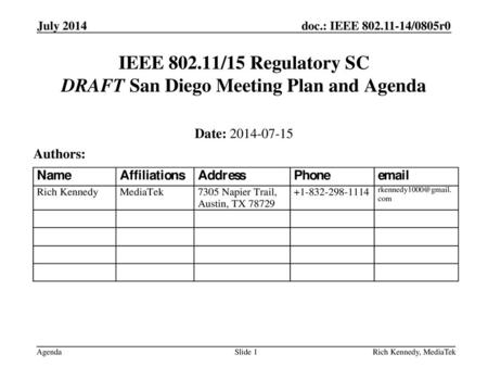 IEEE /15 Regulatory SC DRAFT San Diego Meeting Plan and Agenda