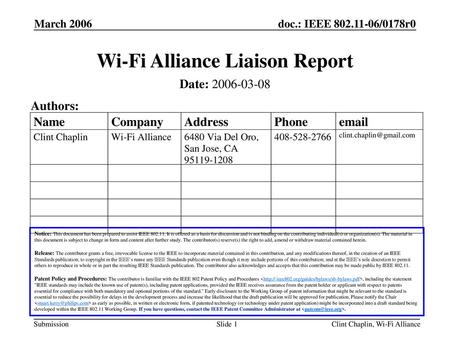 Wi-Fi Alliance Liaison Report