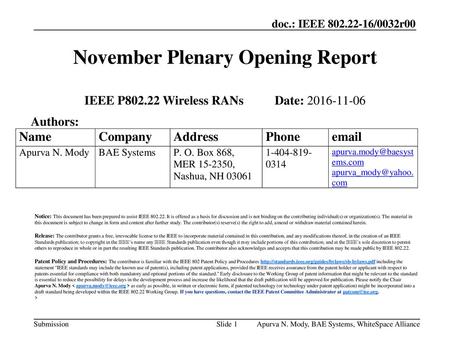 November Plenary Opening Report