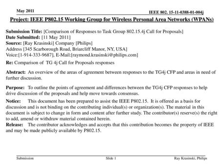 May 2011 Project: IEEE P802.15 Working Group for Wireless Personal Area Networks (WPANs) Submission Title: [Comparison of Responses to Task Group 802.15.4j.