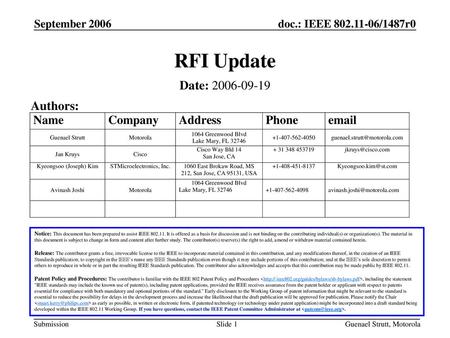 RFI Update Date: Authors: September 2006 Month Year